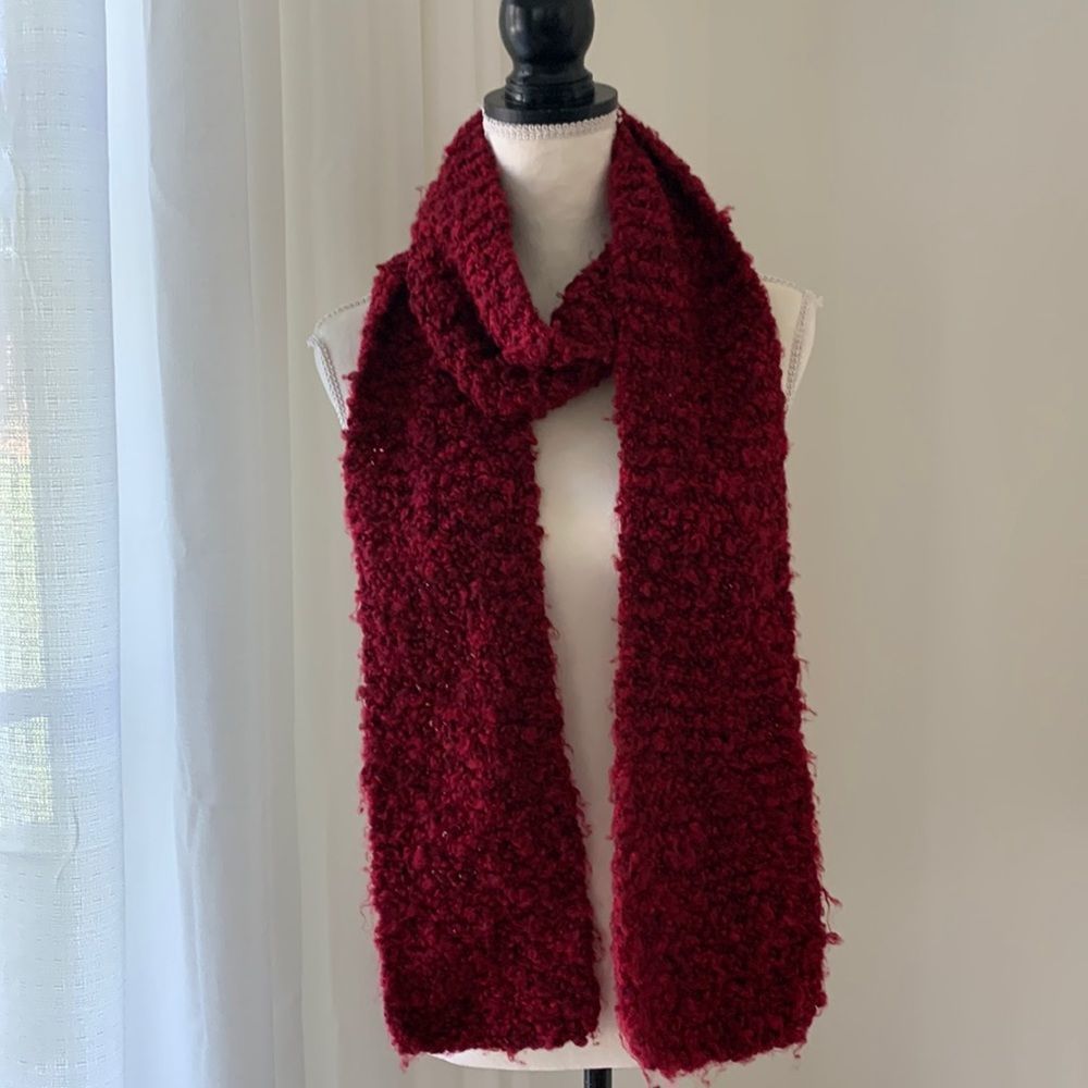 Hand knit chunky wool scarf in deep red